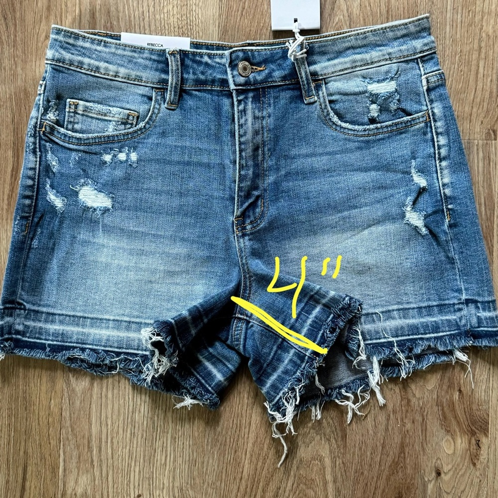 VERVET BY FLYING MONKEY Rebecca Blue Jean Shorts Distressed Frayed Hem High Rise - Picture 10 of 16